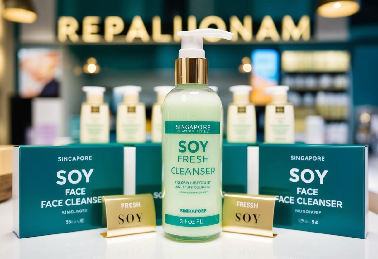 A bottle of Fresh Soy Face Cleanser surrounded by promotional signs in a Singapore skincare shop