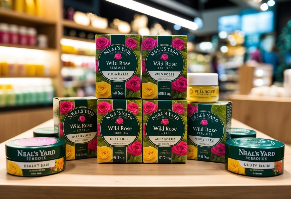 The vibrant display of Neal's Yard Remedies Wild Rose Beauty Balm promotions in a Singapore shop