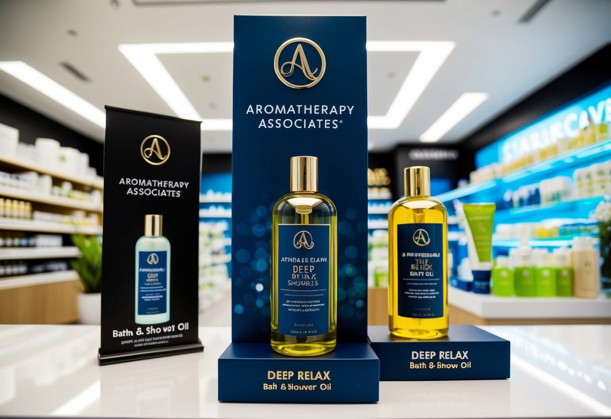The Aromatherapy Associates Deep Relax Bath & Shower Oil is displayed with promotional signage in a Singapore skincare shop