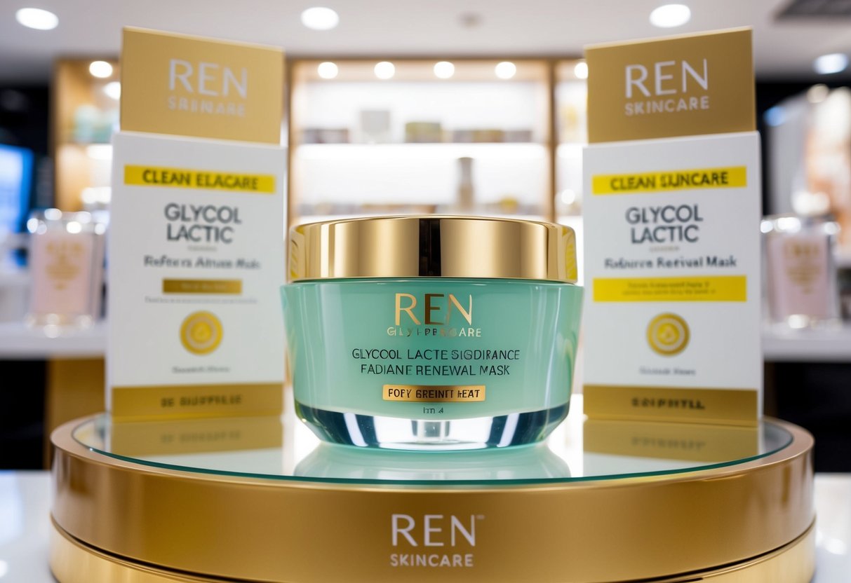 A display of Ren Clean Skincare Glycol Lactic Radiance Renewal Mask surrounded by promotional signs in a Singapore beauty shop