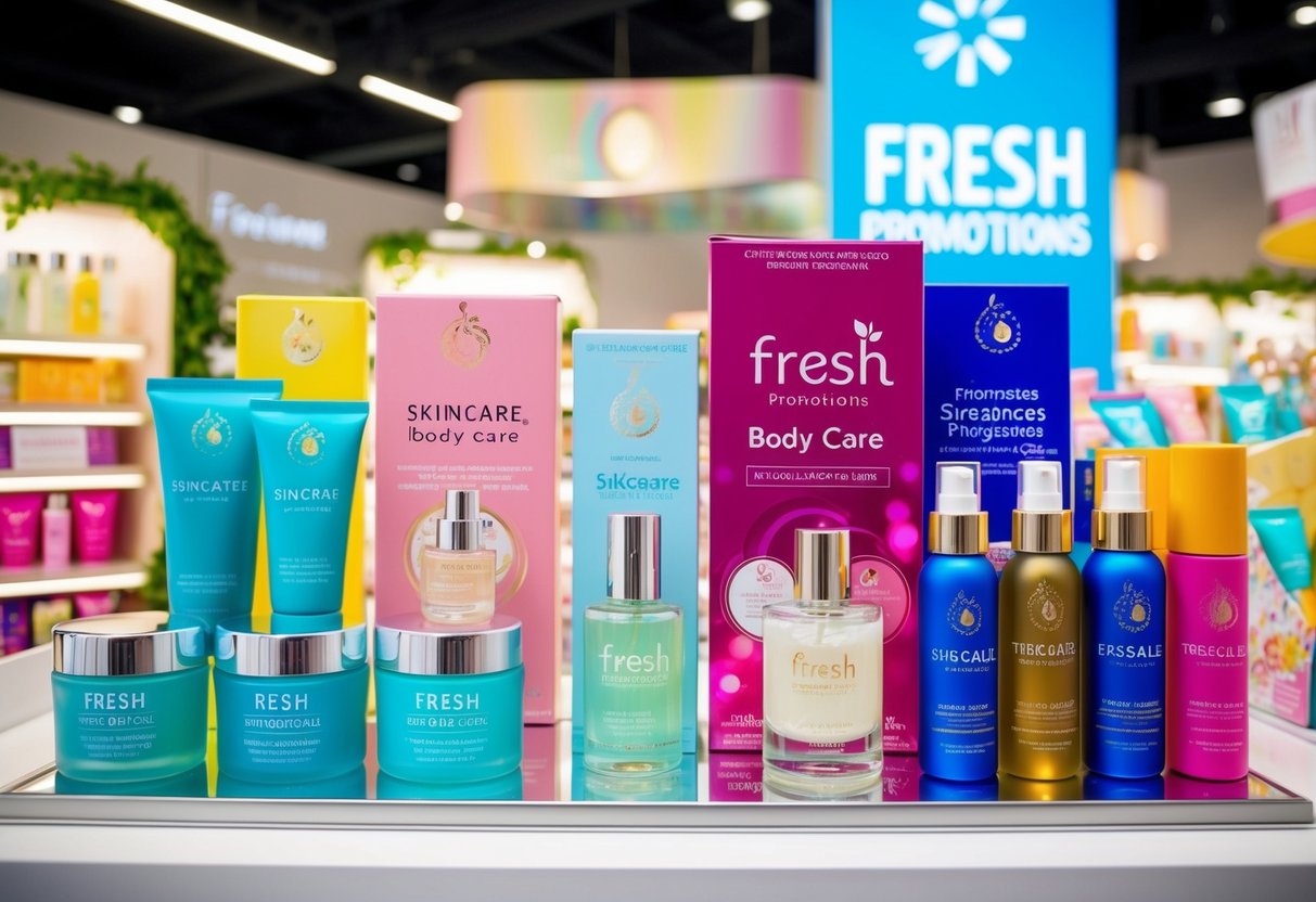 A vibrant display of skincare, body care, and fragrances at Fresh Promotions in Singapore, featuring colorful product packaging and enticing promotional signage