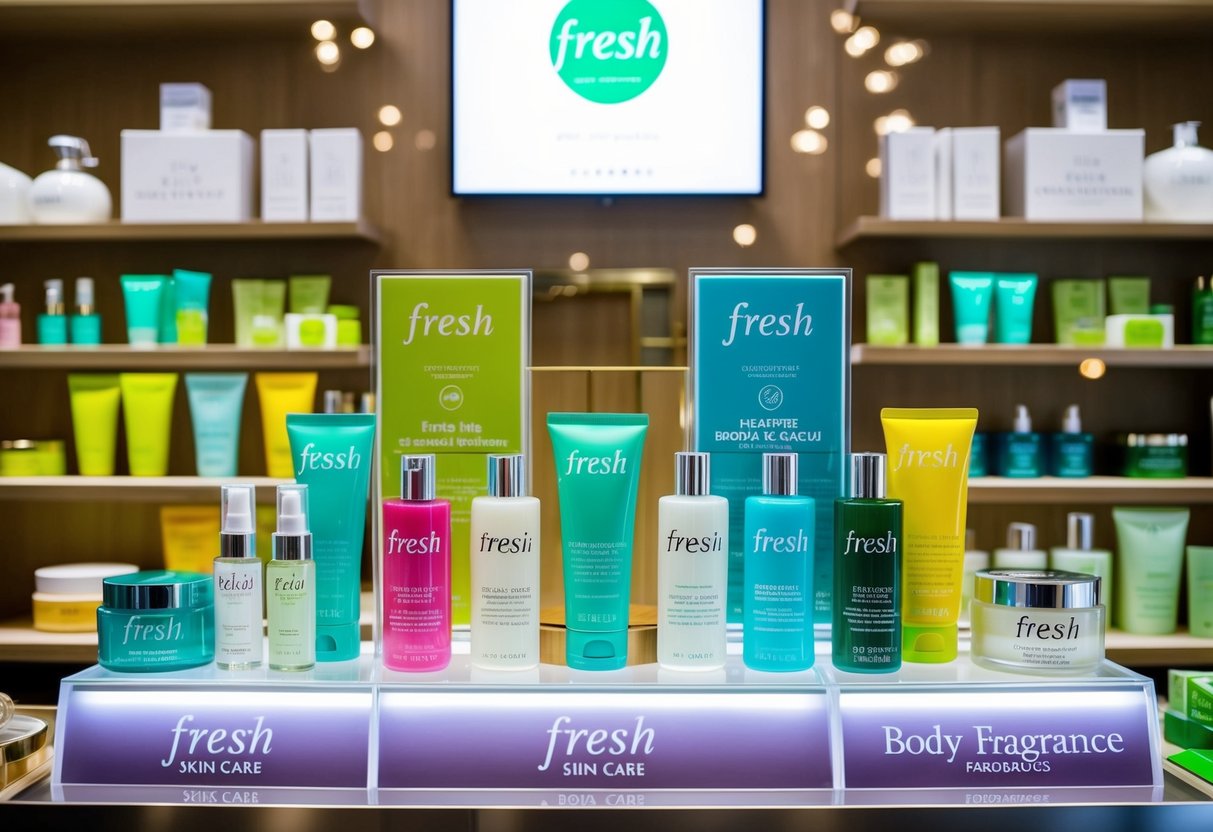 A vibrant display of Fresh's Skin Care, Body Care, and Fragrances products with promotional signage at a Singapore shop