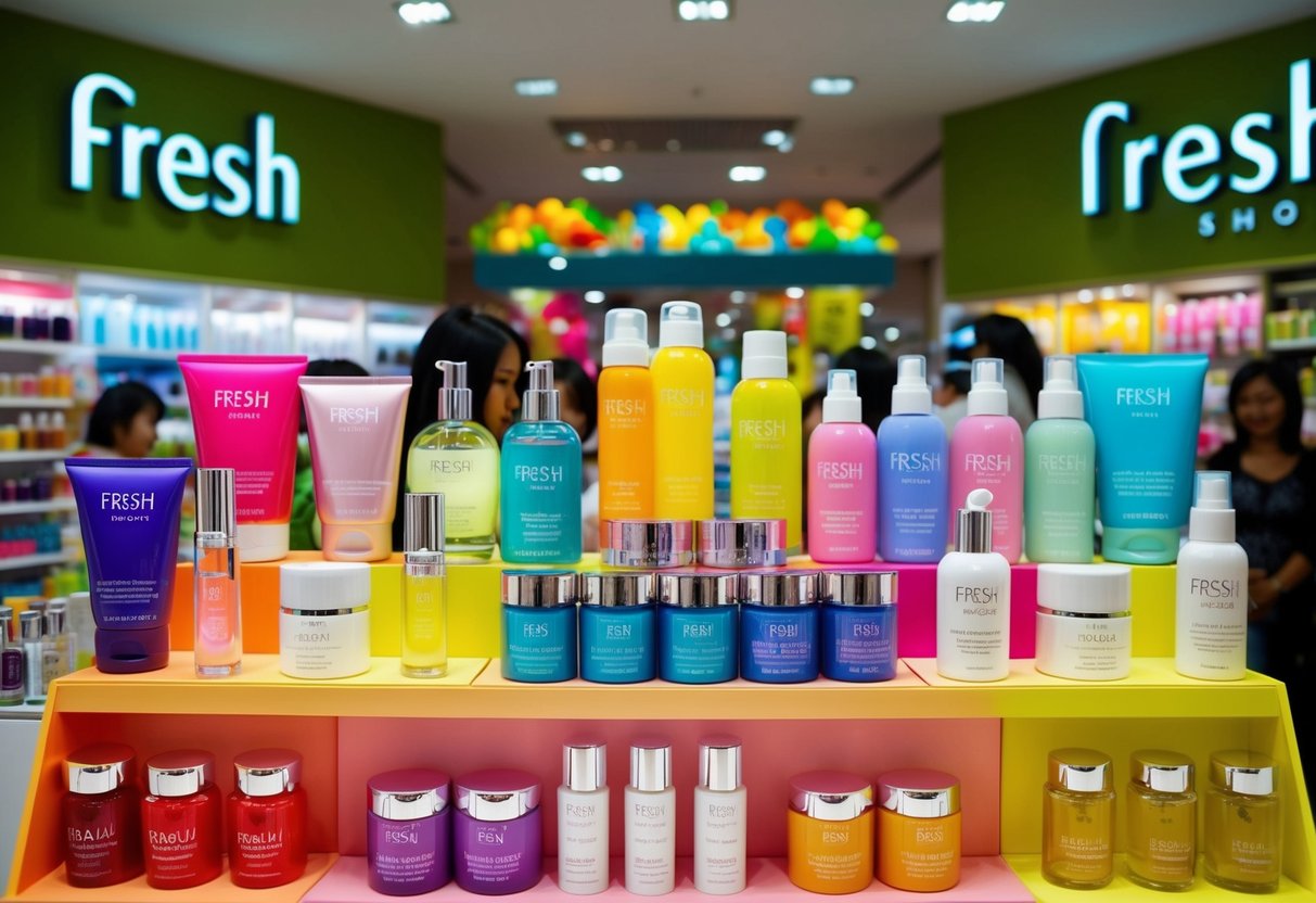 A vibrant display of Skin Care, Body Care, and Fragrances promotions at Fresh shop in Singapore. Bright colors and enticing products draw in customers