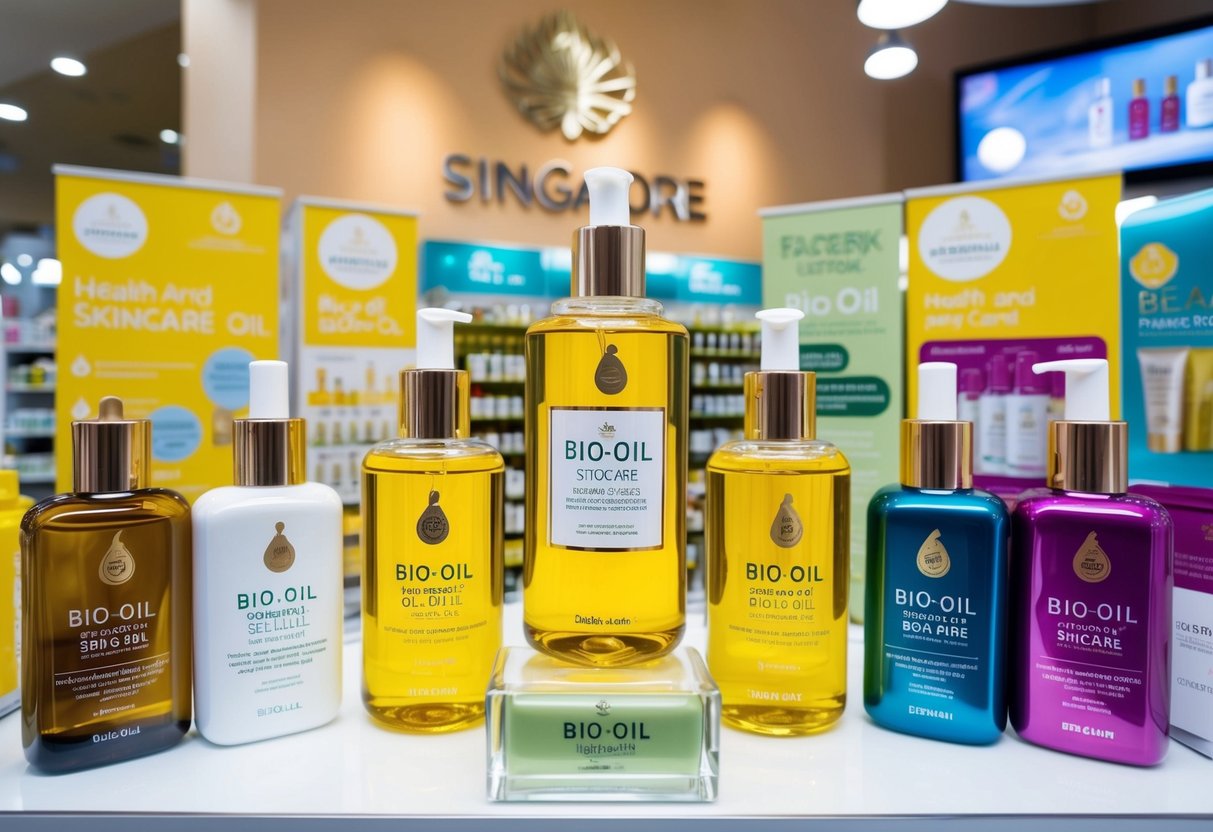 A vibrant display of Bio-Oil Skincare Oil surrounded by promotional signs and banners at a health and beauty products shop in Singapore