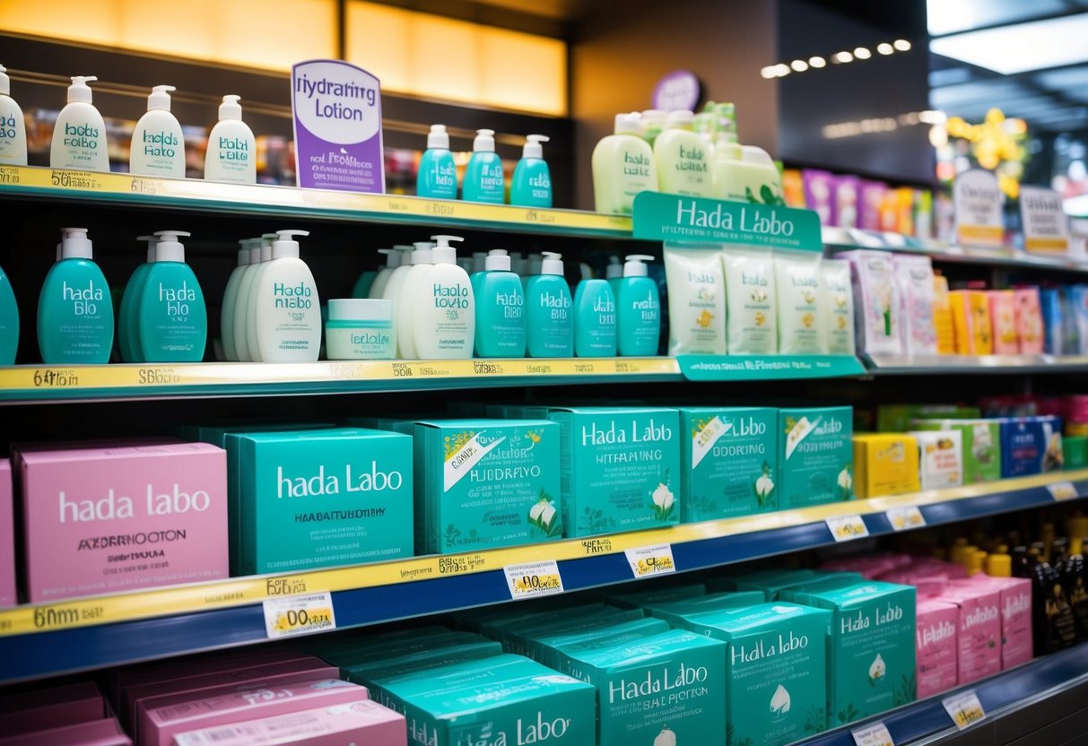 Shelves stocked with Hada Labo Hydrating Lotion at Guardian in Singapore, with promotional signage and vibrant displays