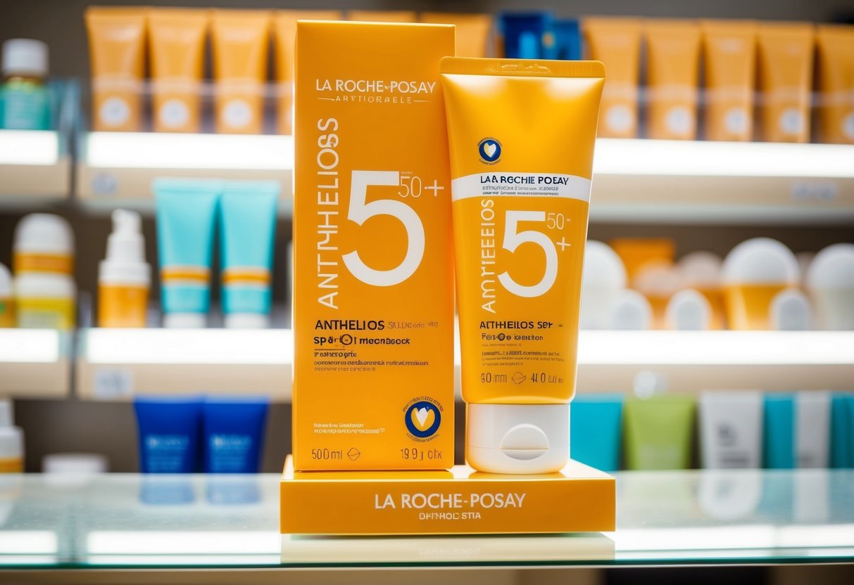 A bright, inviting display of La Roche-Posay Anthelios Sunscreen SPF 50+ at a health and beauty products shop in Singapore