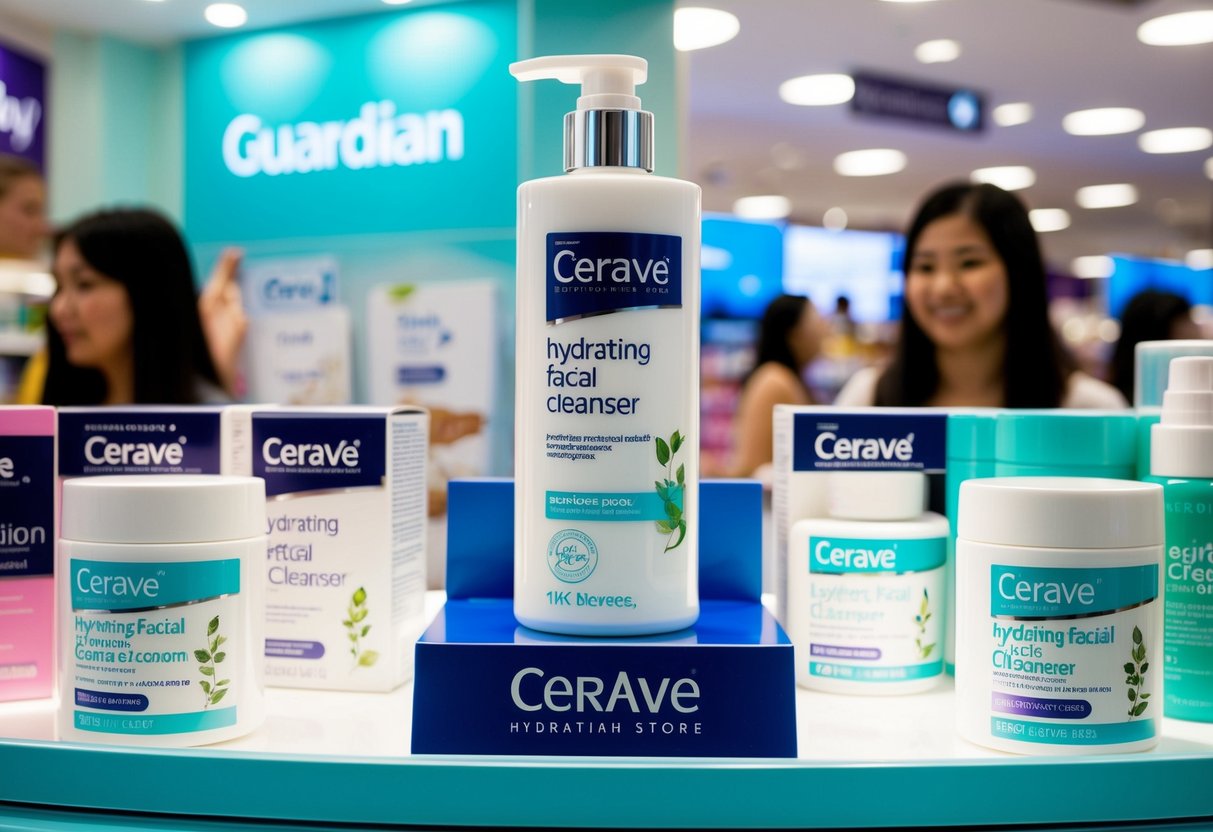 A display of CeraVe Hydrating Facial Cleanser at a Guardian store in Singapore, surrounded by promotional signs and other health and beauty products