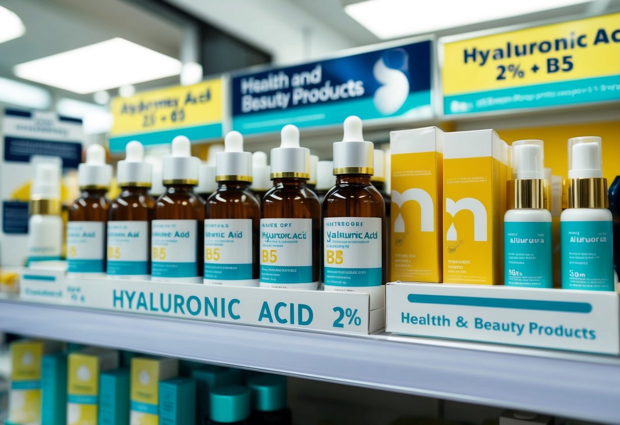 A shelf of Hyaluronic Acid 2% + B5 bottles, surrounded by promotional signs, in a health and beauty products shop in Singapore