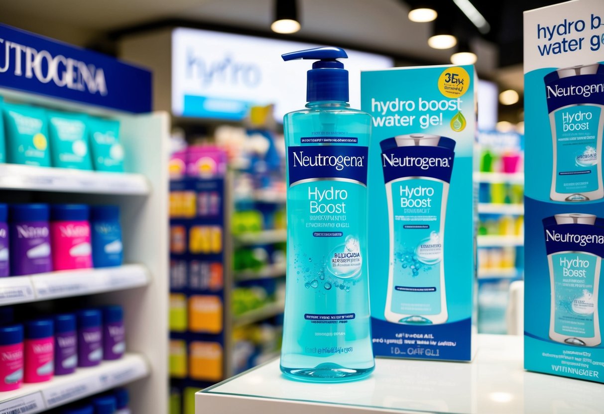 The Neutrogena Hydro Boost Water Gel is displayed prominently at the health and beauty products shop in Singapore, surrounded by promotional signs and vibrant packaging
