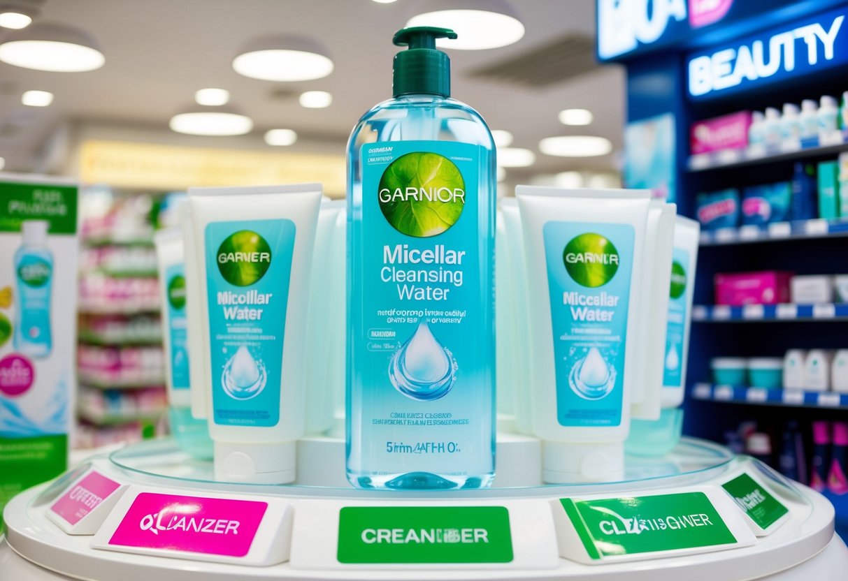 A display of Garnier Micellar Cleansing Water surrounded by promotional signs in a health and beauty products shop in Singapore