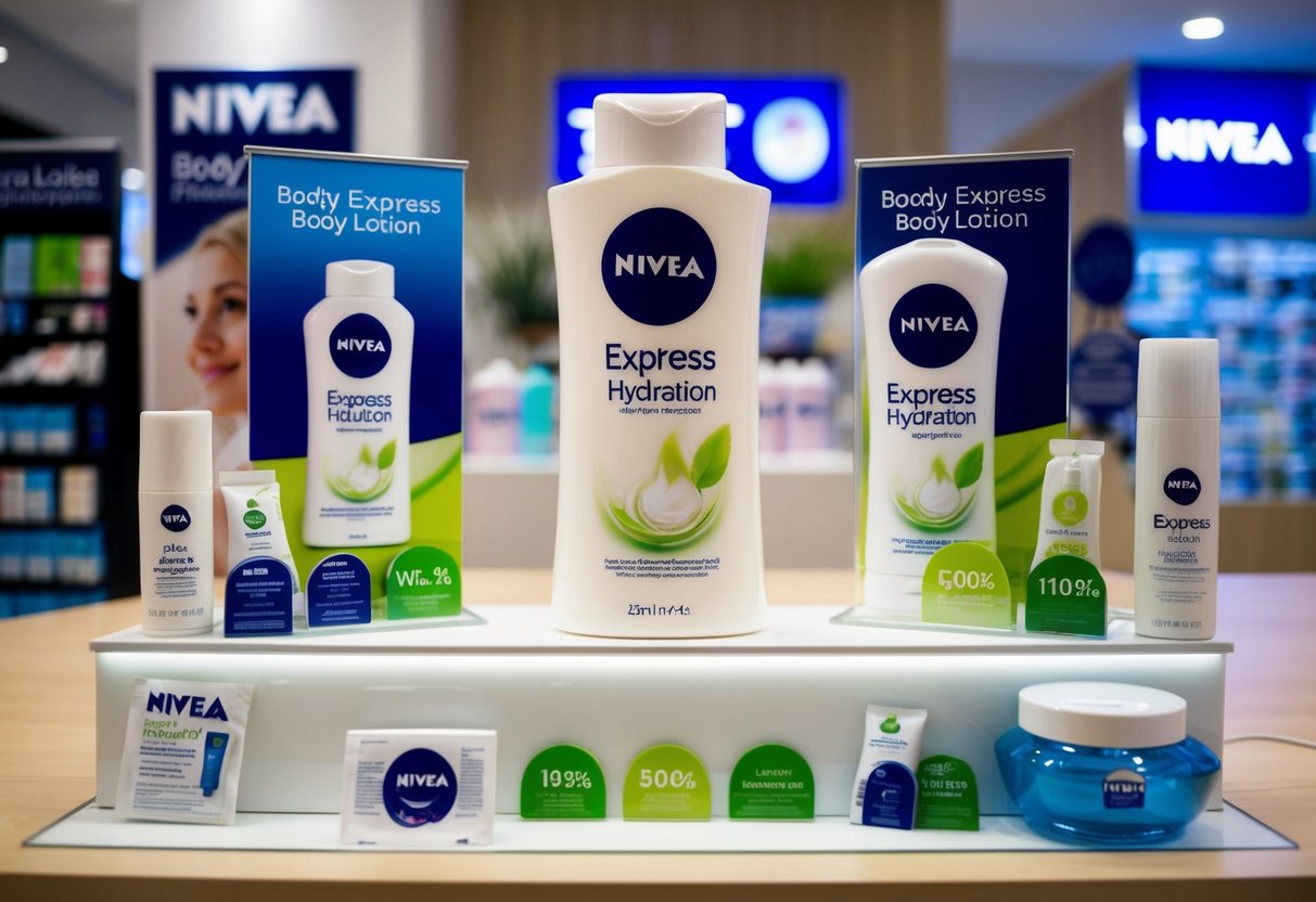 A display of NIVEA Body Lotion Express Hydration at a health and beauty products shop in Singapore, with promotional signage and product samples