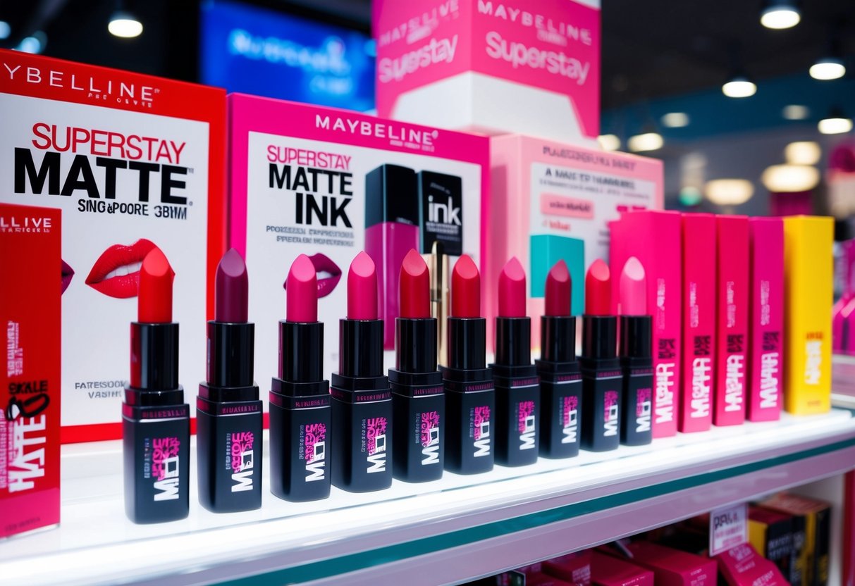 A colorful display of Maybelline Superstay Matte Ink Lipsticks at a health and beauty products shop in Singapore, with promotional signs and attractive packaging