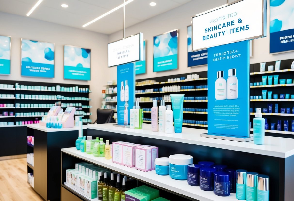 A bright, modern store with shelves stocked with health and beauty products. Promotional signs and displays highlight various skincare and wellness items