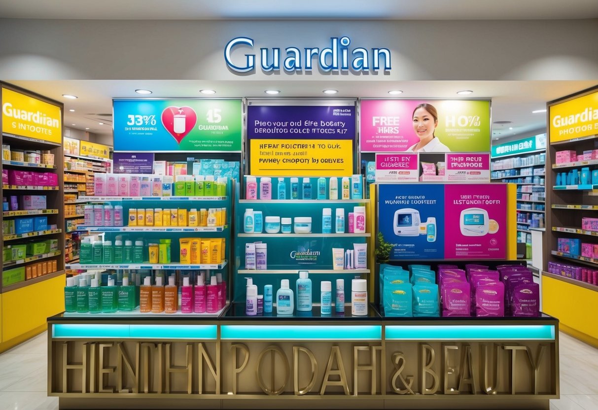 A vibrant display of health and beauty products at a Guardian store in Singapore, with colorful signage and enticing promotions