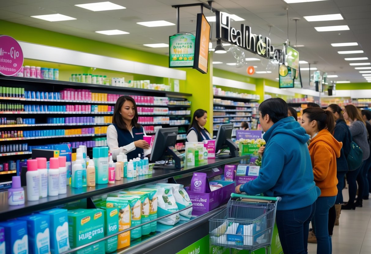 A bustling store with shelves of health and beauty products, a prominent display of promotional items, and a line of customers at the checkout counter