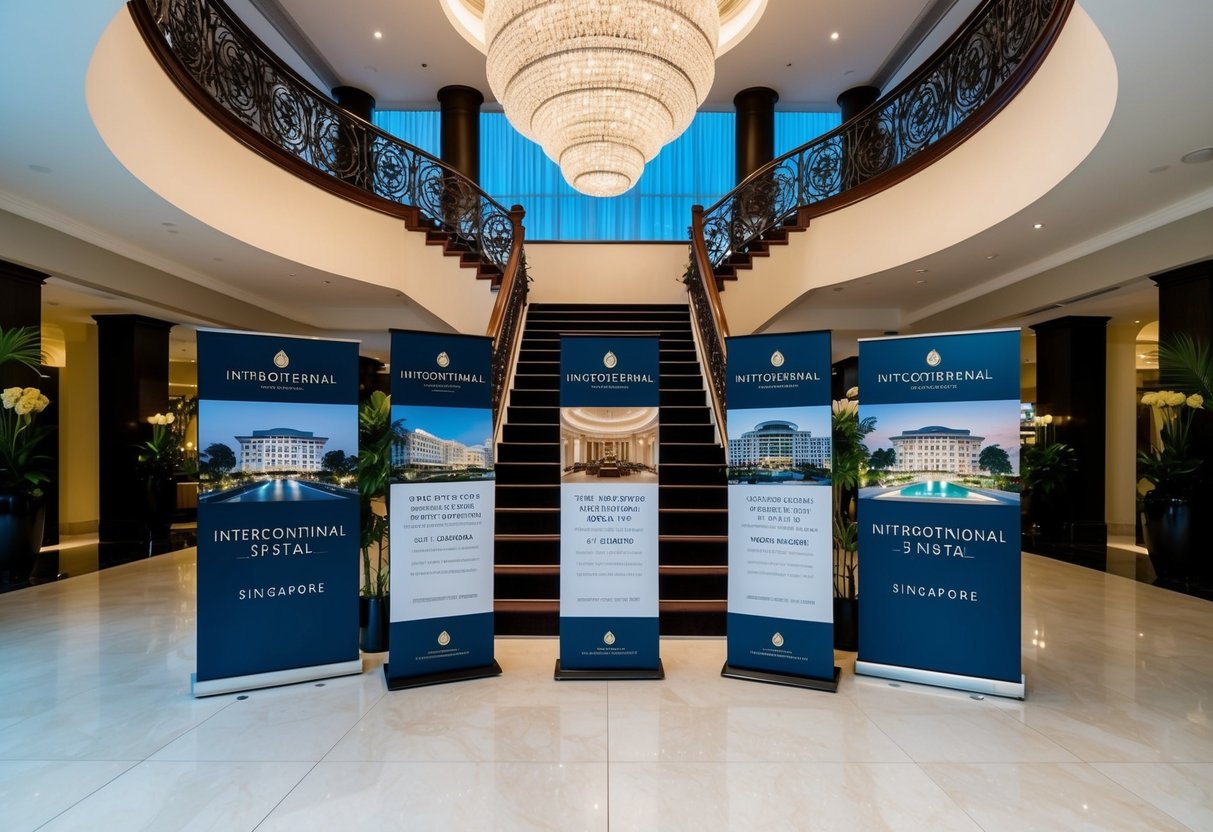 A luxurious hotel lobby adorned with elegant decorations and a grand staircase, showcasing promotional materials for the Intercontinental 5-star hotel in Singapore