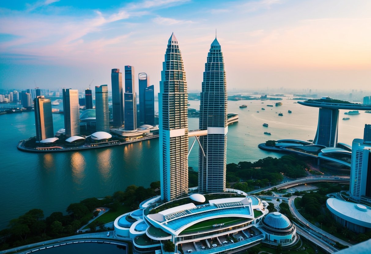The luxurious Intercontinental hotel overlooks Marina Bay in Singapore, with a stunning cityscape and iconic landmarks visible from the top floor observation deck