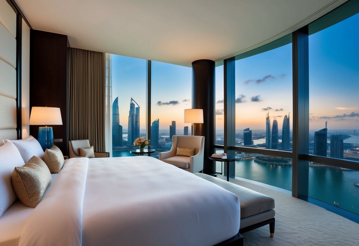A luxurious suite at Marina Bay Sands with city views, a plush bed, and elegant furnishings