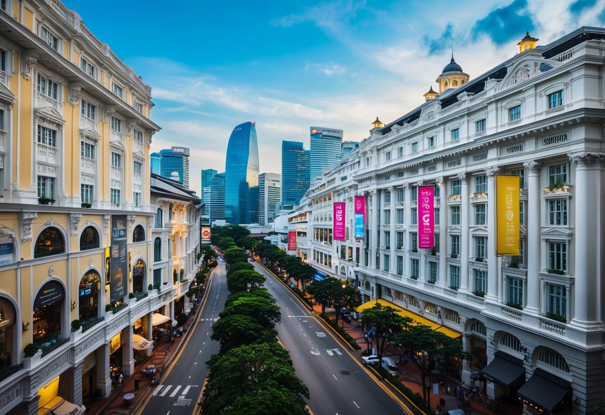 An opulent 5-star hotel overlooks Orchard Road's bustling shopping district in Singapore, with promotional banners and luxurious storefronts lining the busy street