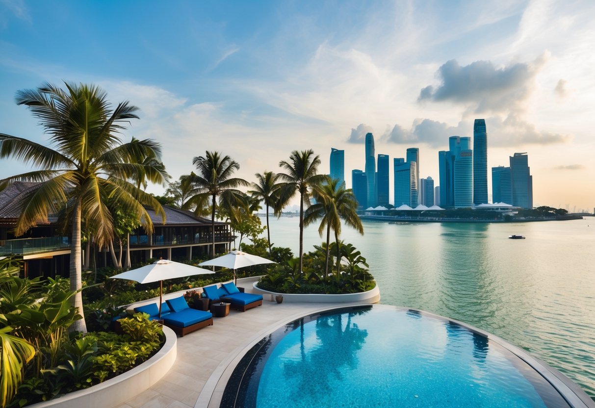 A luxurious 5-star hotel on Sentosa Island, with palm trees, a sparkling pool, and a view of the Singapore skyline