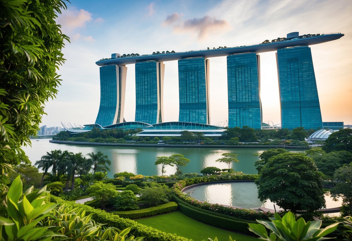 Lush gardens surround a modern 5-star hotel with a view of the iconic Gardens by the Bay in Singapore