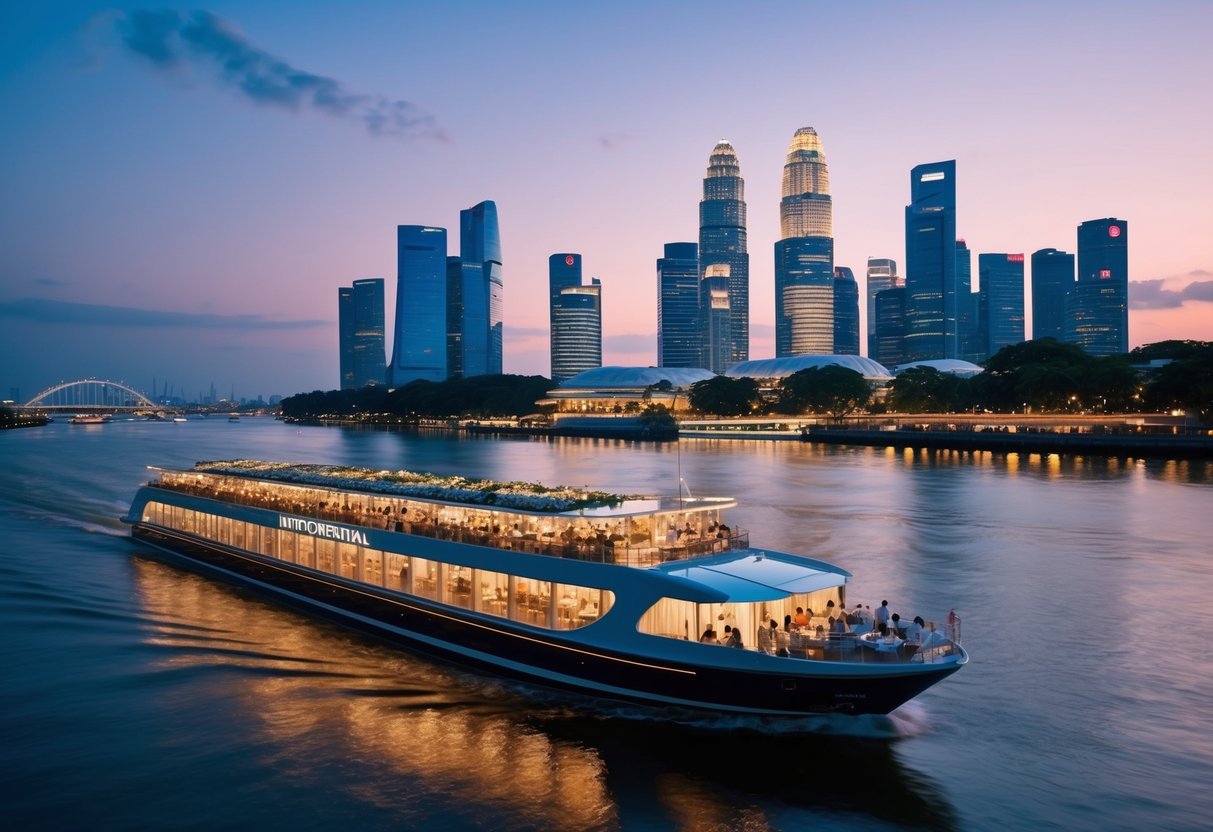 A luxurious dinner cruise along the Singapore River, passing by the stunning skyline and illuminated landmarks, with the Intercontinental hotel in the background