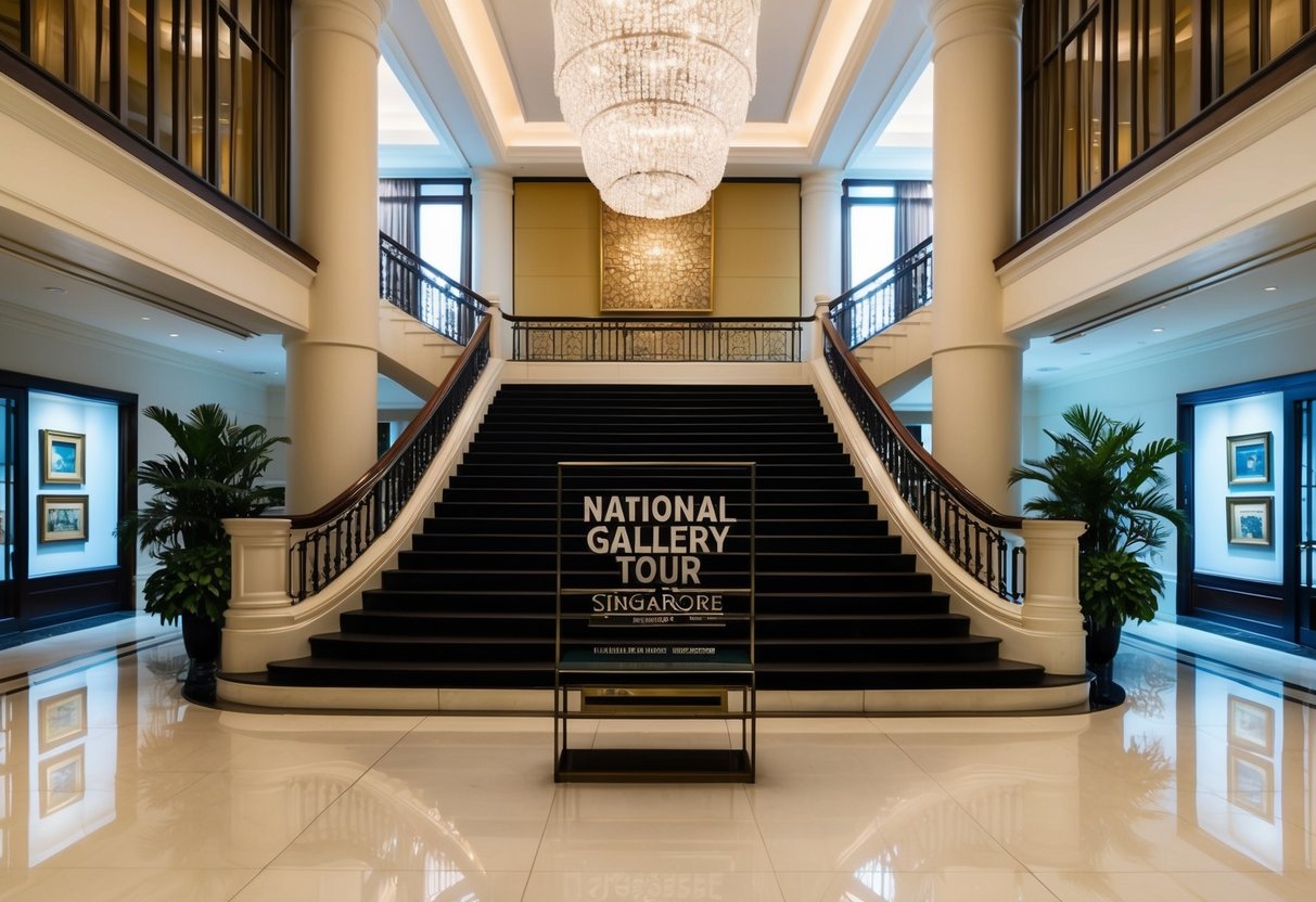 A luxurious hotel lobby with a grand staircase leading to a special exhibition tour promotion for the National Gallery in Singapore