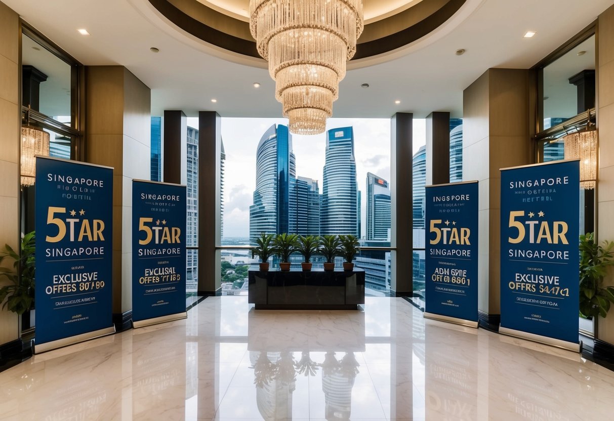 A luxurious 5-star hotel in Singapore with promotional banners and exclusive offers displayed prominently