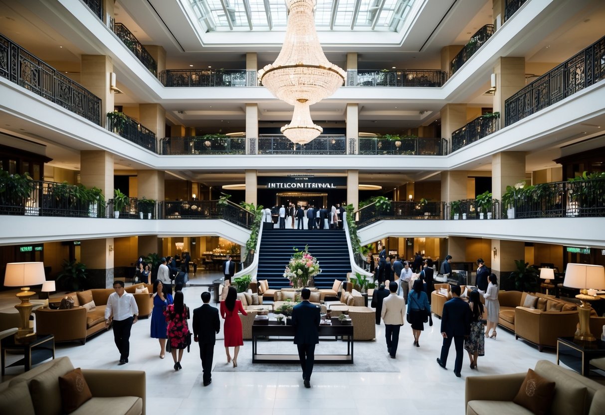 The InterContinental Singapore lobby bustling with guests, elegant furnishings, and a grand staircase leading to the upper floors