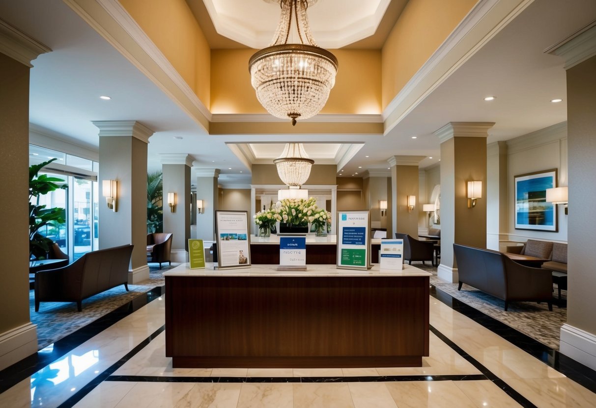 A luxurious hotel lobby with a grand entrance, elegant furnishings, and a concierge desk showcasing promotional materials