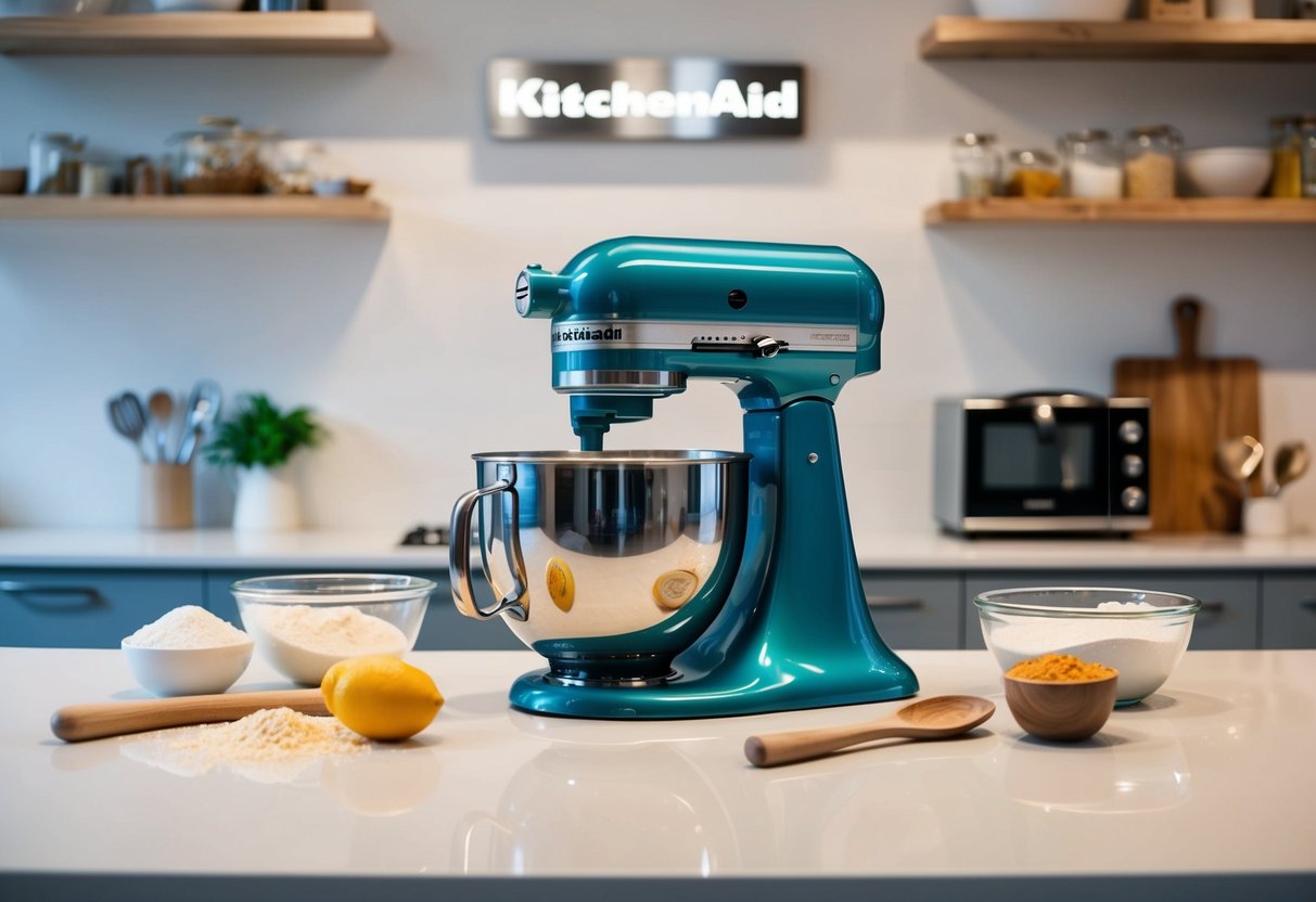 A KitchenAid Artisan Mixer sits on a clean, modern kitchen counter, surrounded by various baking ingredients and utensils. The Mayer logo is visible in the background