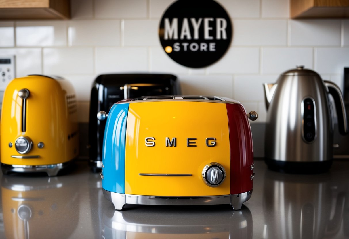 A colorful Smeg Retro Toaster sits on a kitchen counter, surrounded by other appliances. The Mayer store logo is visible in the background