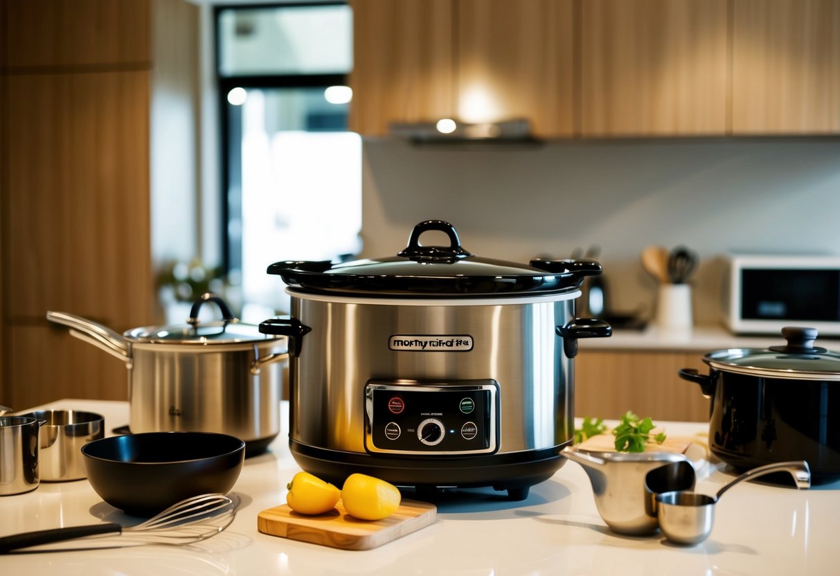 A cozy kitchen with a Morphy Richards Slow Cooker as the focal point, surrounded by various kitchen appliances and utensils. The scene is set in a modern home in Singapore