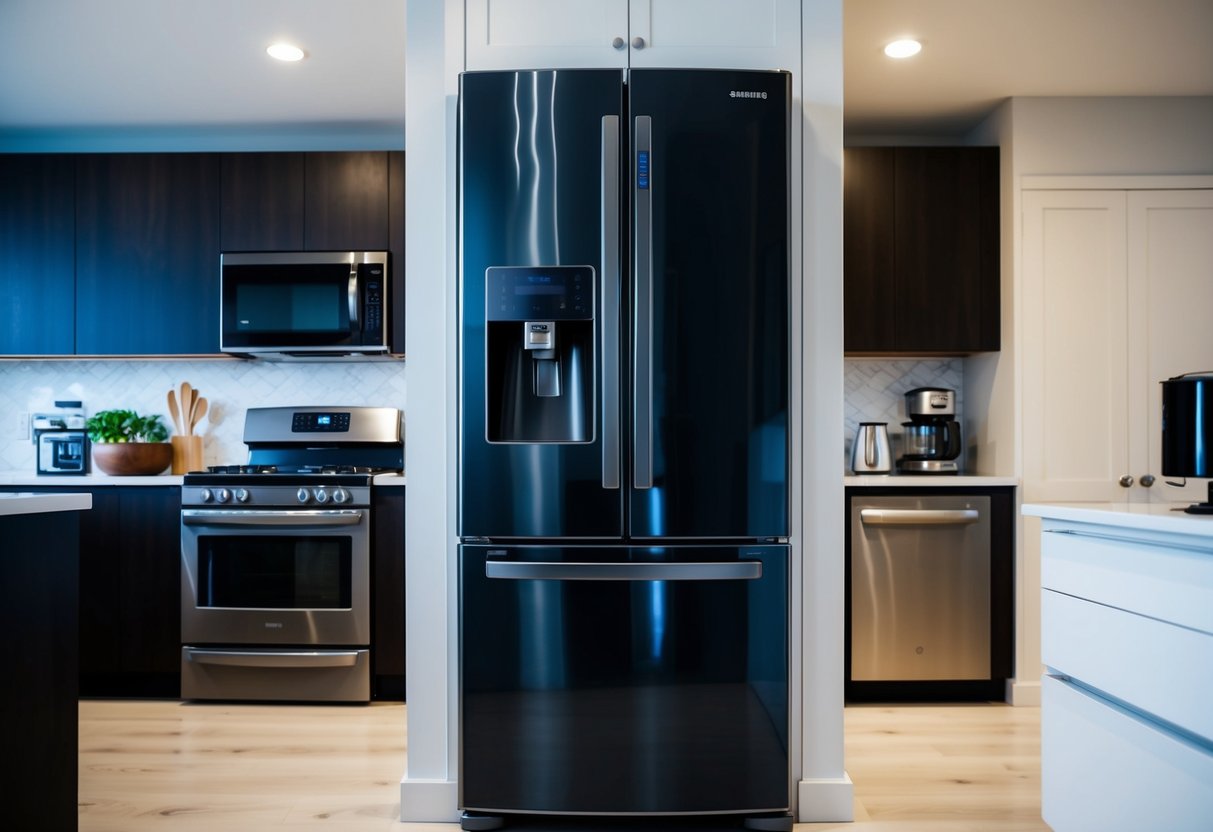 A modern kitchen with a sleek Samsung Smart Fridge prominently displayed, surrounded by various other home and kitchen appliances