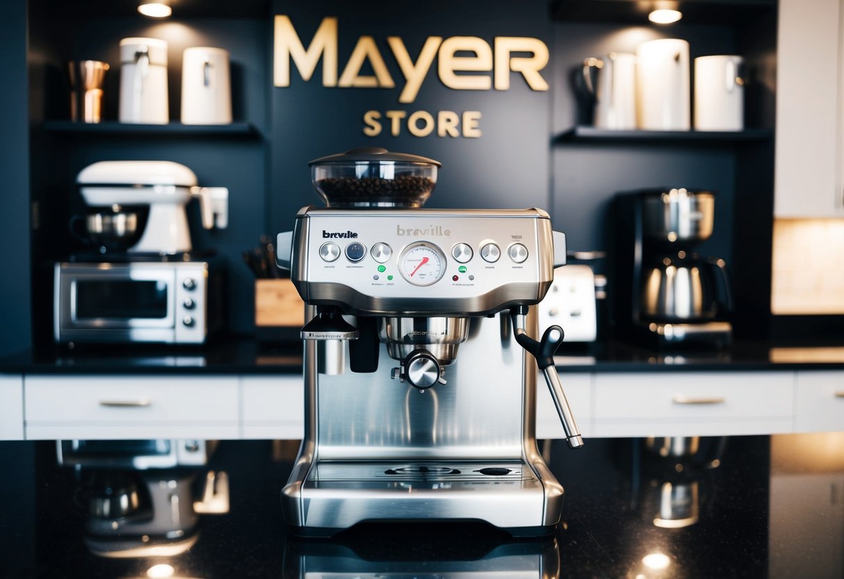 A Breville Barista Express machine sits on a sleek countertop, surrounded by various kitchen appliances. The Mayer store logo is prominently displayed in the background