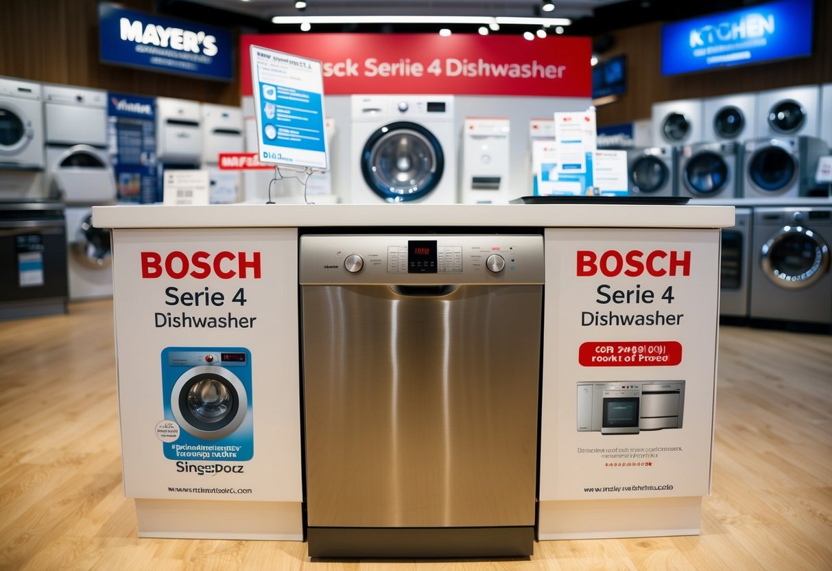 A modern Bosch Serie 4 dishwasher sits prominently on display at Mayer's home & kitchen appliances online store in Singapore, surrounded by promotional signage