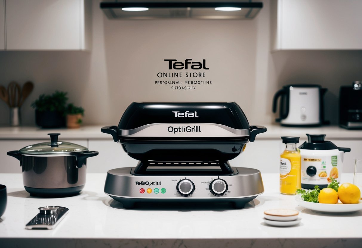 The Tefal OptiGrill is showcased in a modern kitchen setting, surrounded by various other home and kitchen appliances. The Mayer online store logo is prominently displayed, indicating promotions in Singapore