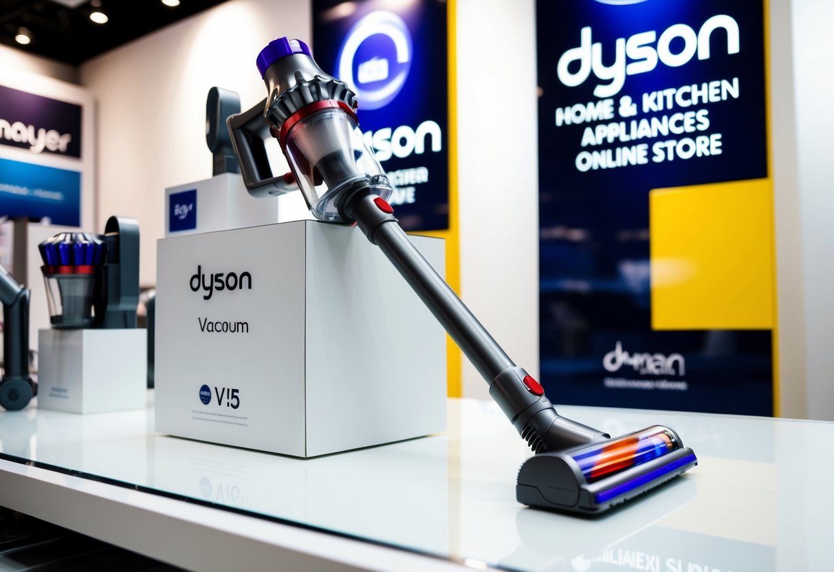 A sleek Dyson V15 vacuum sits prominently on a display shelf at the Mayer home & kitchen appliances online store in Singapore, surrounded by promotional signage