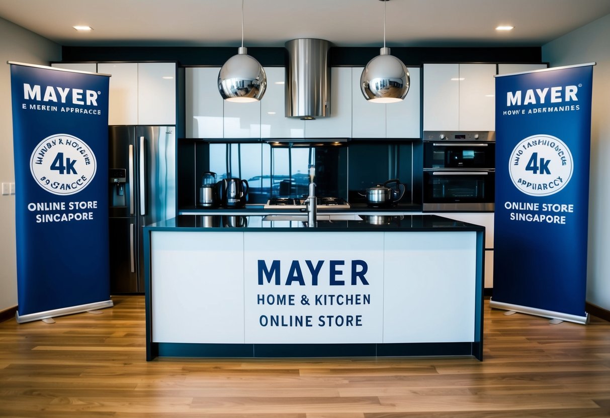 A modern kitchen filled with sleek appliances, surrounded by promotional banners and logos for Mayer Home & Kitchen Appliances online store in Singapore