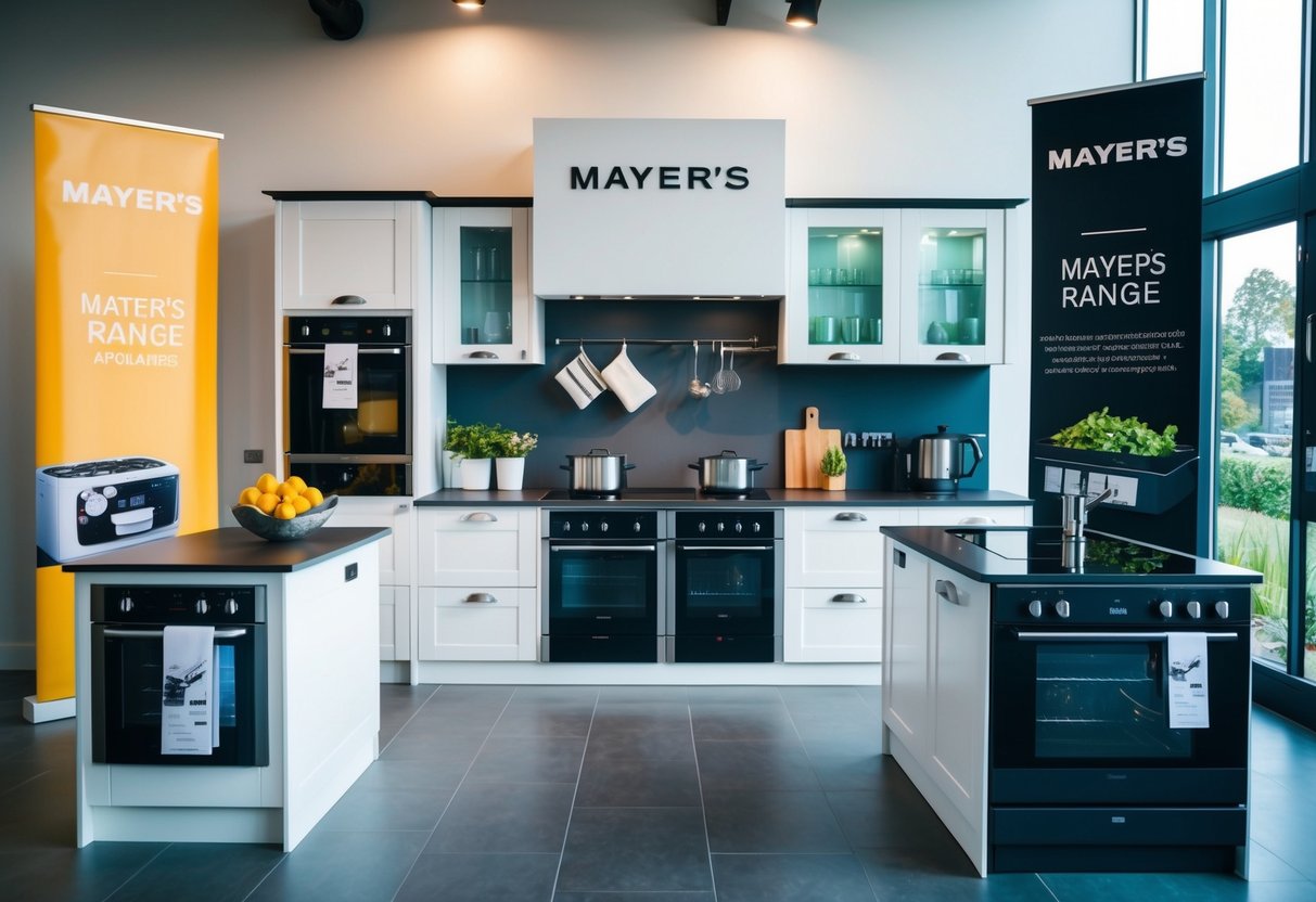 A modern kitchen filled with Mayer's Range appliances on display, surrounded by promotional banners and signs