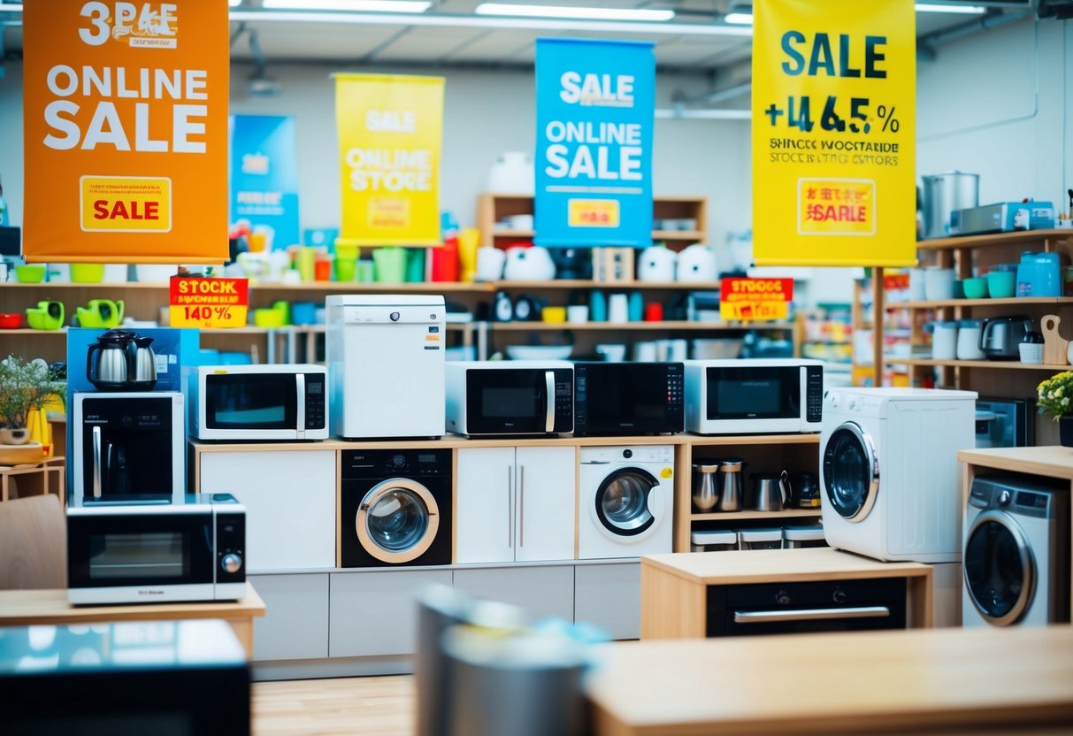 A bustling online store with various home and kitchen appliances on sale, featuring promotional banners and bright, eye-catching colors