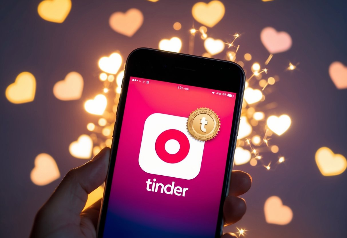 A smartphone with a glowing screen displaying the Tinder logo and a gold badge, surrounded by hearts and sparkles