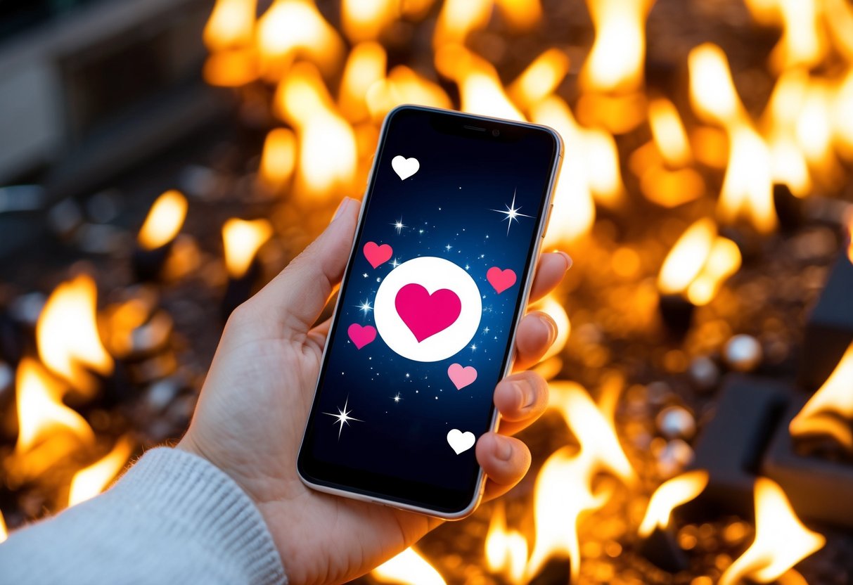 A hand holding a smartphone with sparkles and heart icons, surrounded by golden flames and shimmering lights