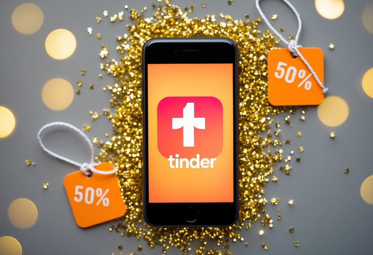 A smartphone with a glowing Tinder Gold icon surrounded by golden sparkles and discount tags