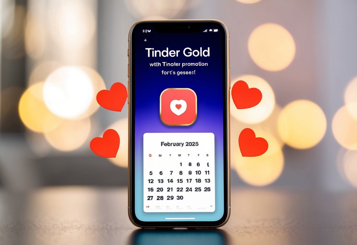 A smartphone with a Tinder Gold promotion displayed on the screen, surrounded by heart icons and a calendar showing February 2025