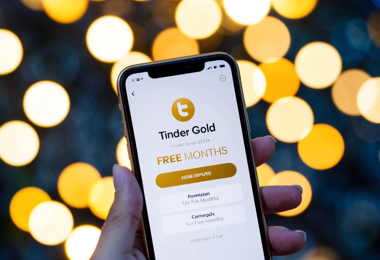 A smartphone displaying a Tinder Gold promotion with a countdown timer and a "free months" offer