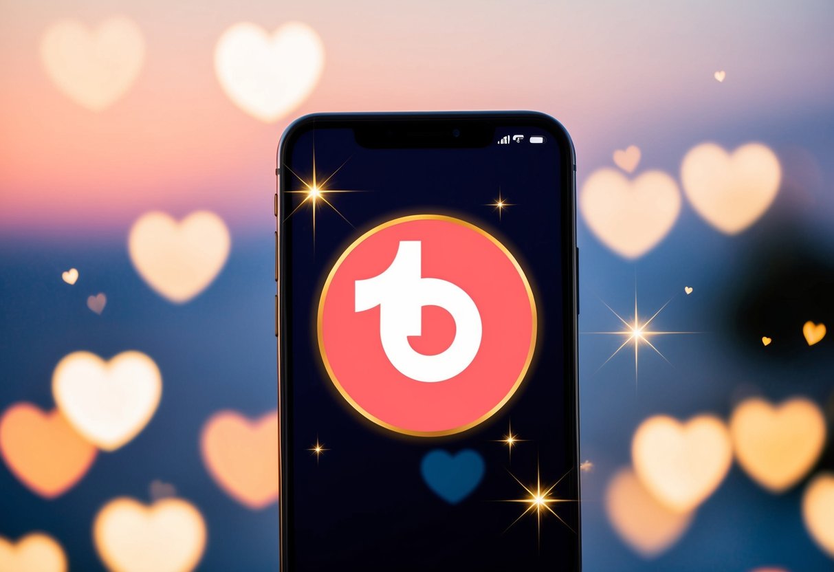 A smartphone with a glowing Tinder Gold logo surrounded by sparkles and hearts