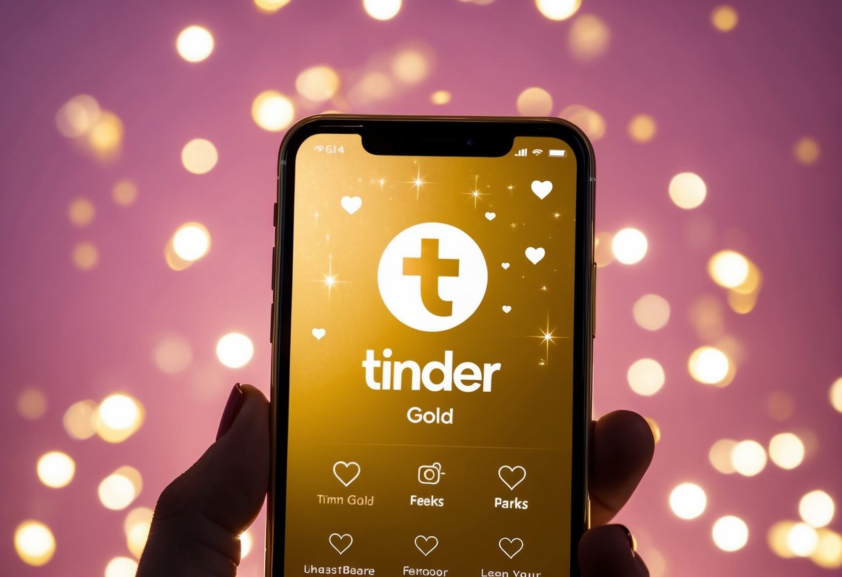 A smartphone displaying the Tinder Gold interface with a shimmering gold background and various perks icons, surrounded by hearts and sparkles