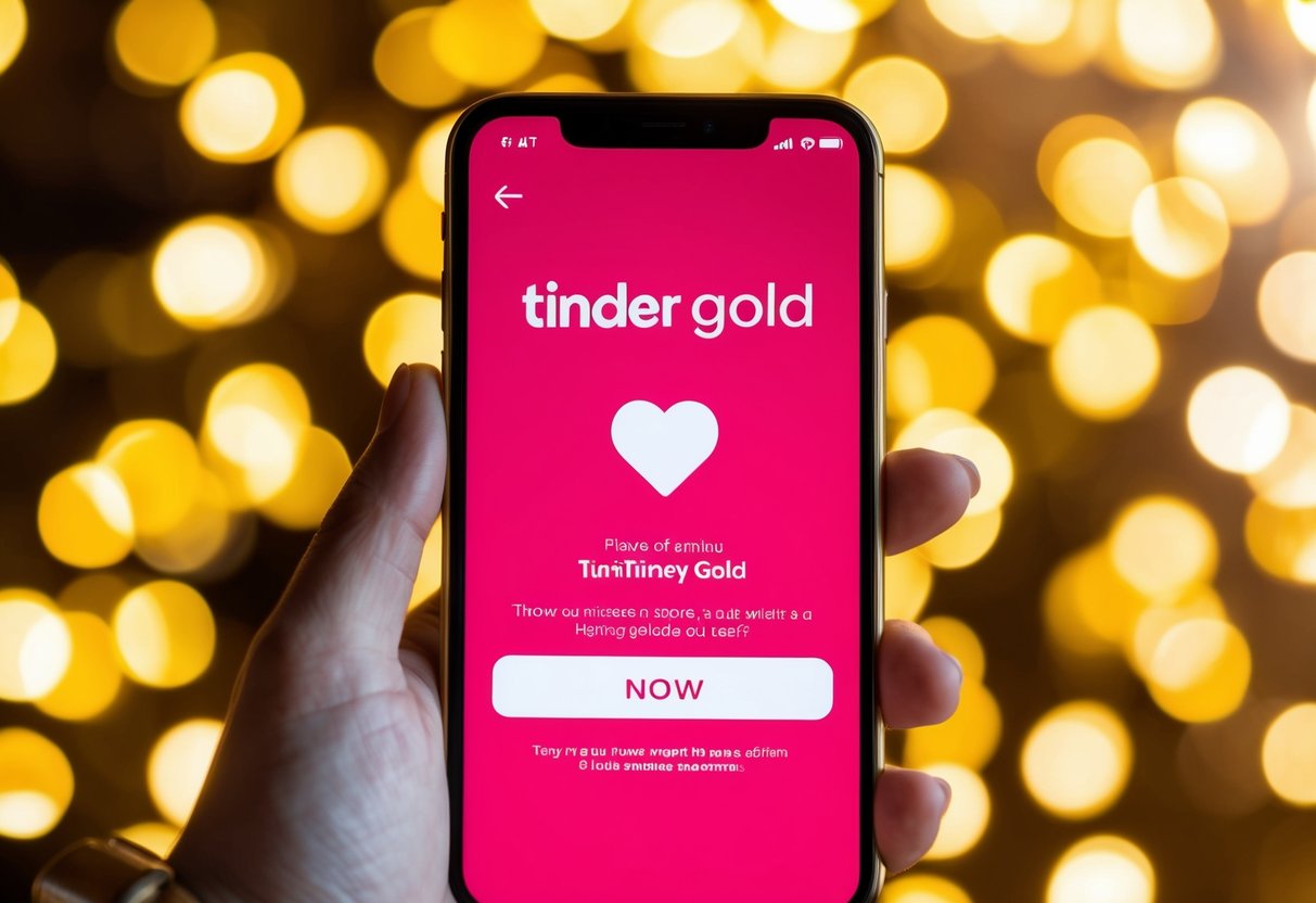 A smartphone displaying Tinder Gold offers with a glowing golden background and a prominent heart icon