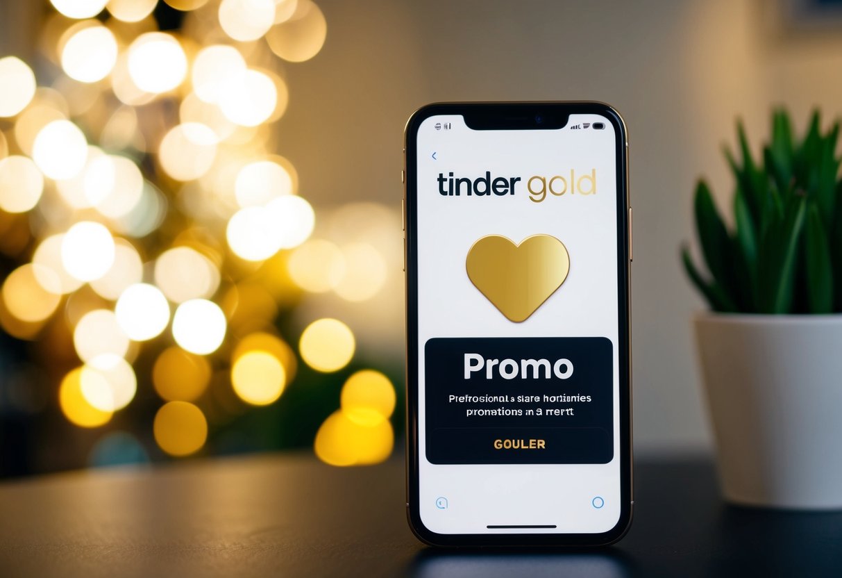 A smartphone displaying Tinder Gold promotions with a golden heart icon and a "promo" badge
